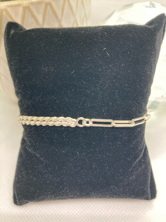 925 Sterling Silver - 7" Half Rope/Paperclip Chain Link Bracelet